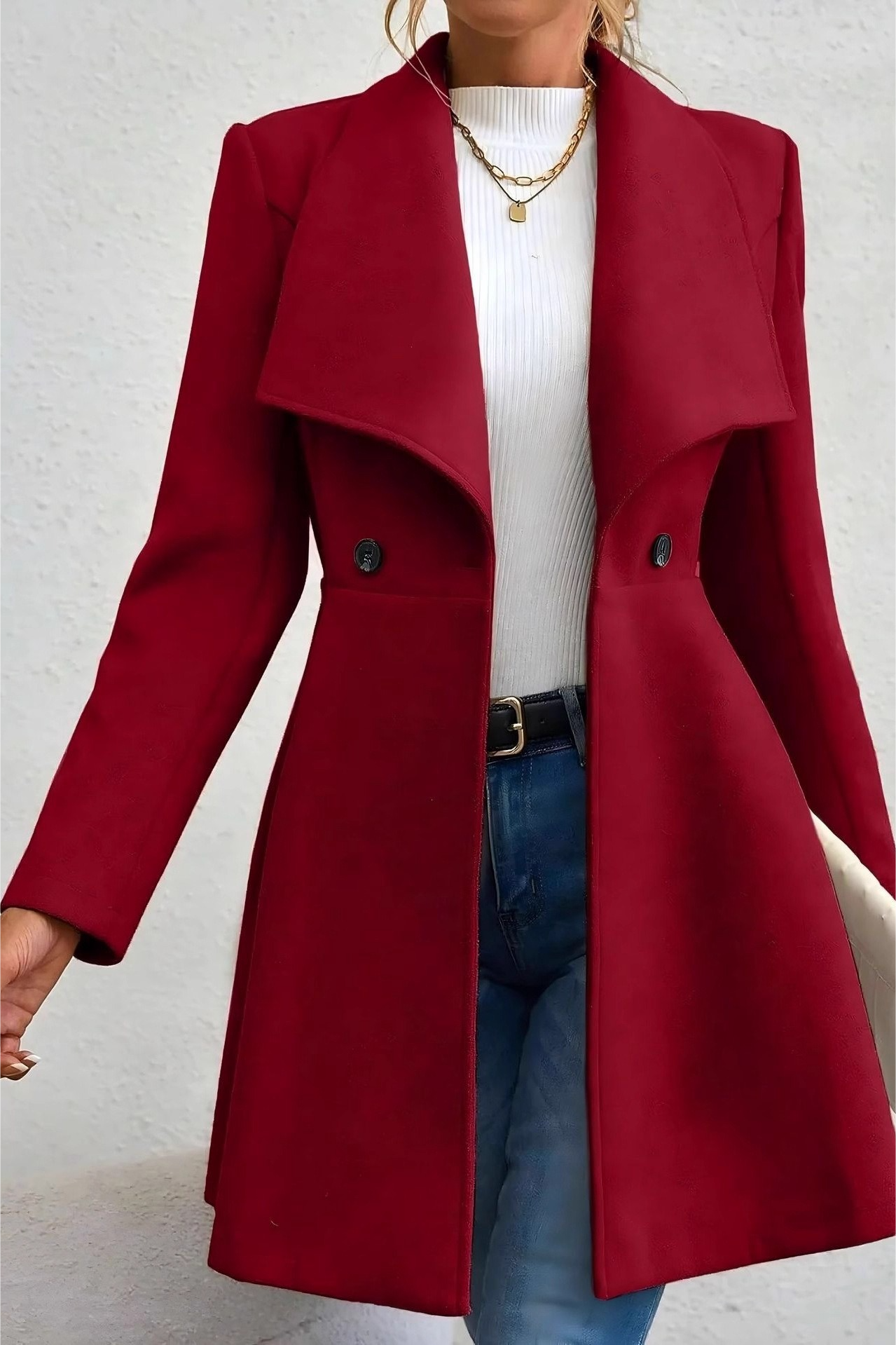 Solid Lapel Double-Breasted Thickened Wool Blend  Overcoat