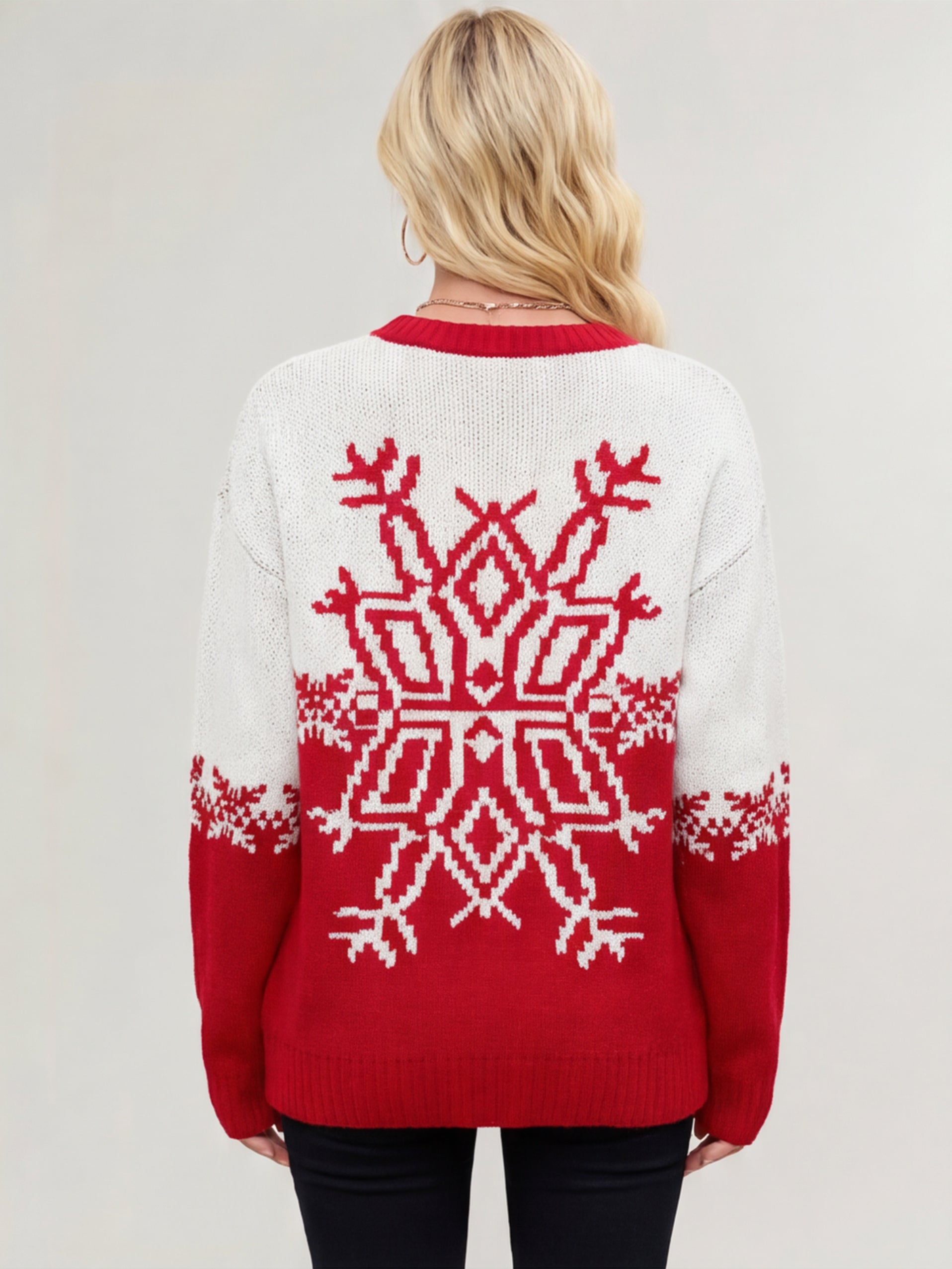 Snowflake Print Christmas Sweater Red White Knit Pullover For Women 2026