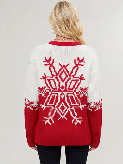 Snowflake Print Christmas Sweater Red White Knit Pullover For Women 2026