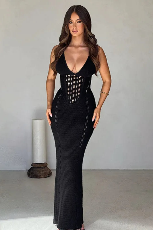 Crochet Knit Halter Deep V Ladder Panel Bodycon Maxi Dress