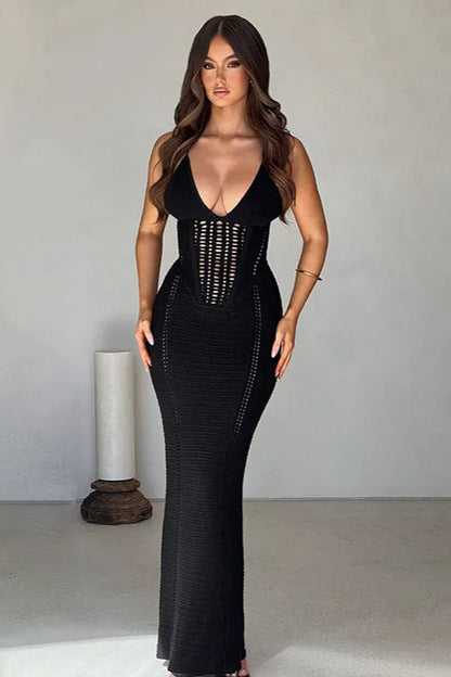 Crochet Knit Halter Deep V Ladder Panel Bodycon Maxi Dress