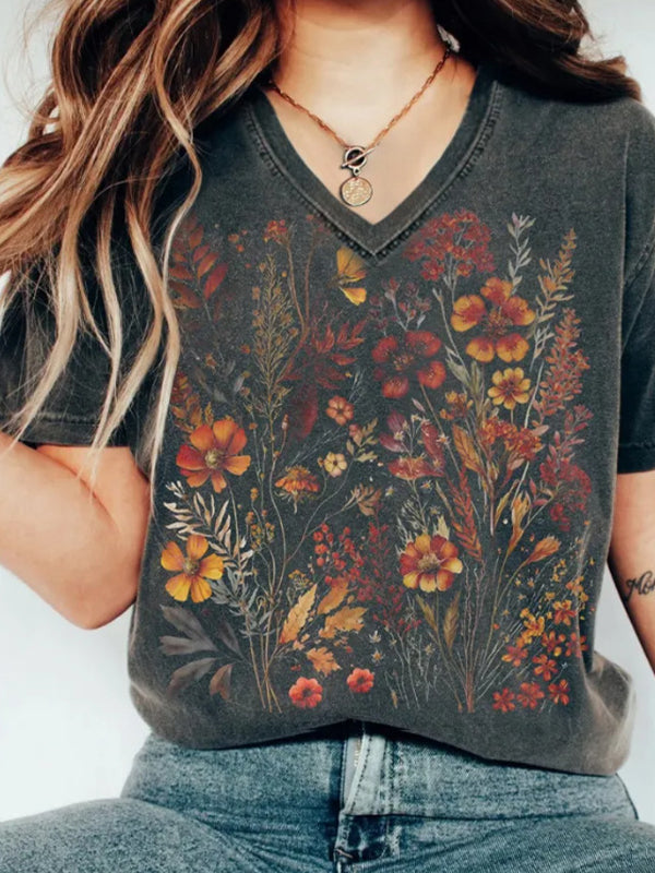 Black 90s Floral Print Oversized Short Sleeve Tee