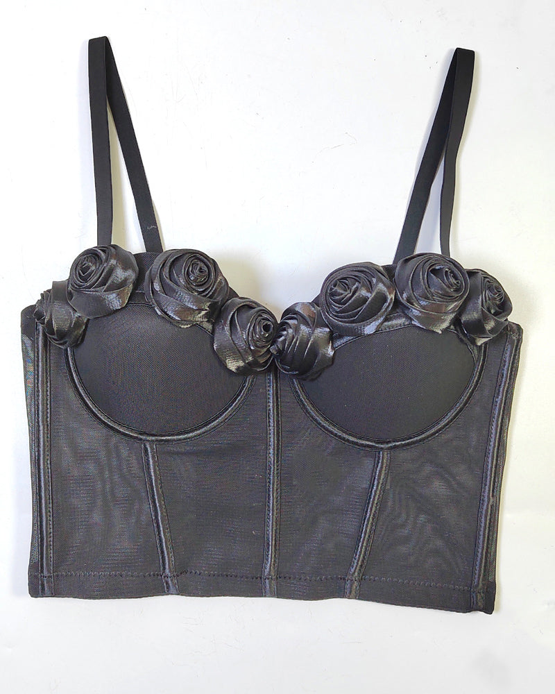 French Handmade Rose Flower Mesh Tube Top