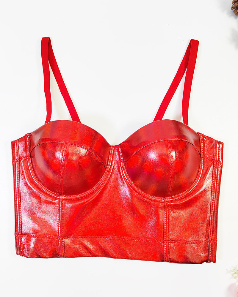 Fishbone Fluorescent Pu Leather Halter Top