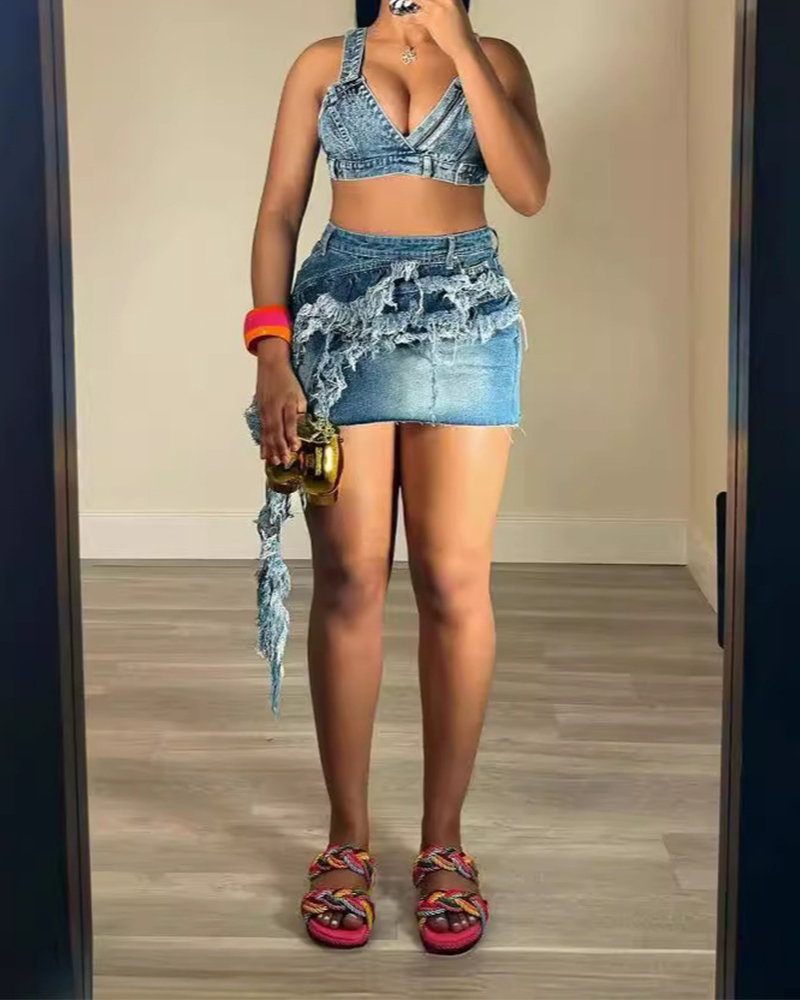 Fringed Stretch Denim Skirt Set