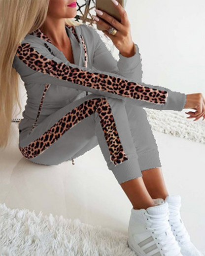 Leopard Print Zippered Hoodie And Trousers Suit