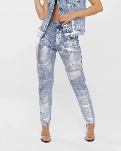 Silver-Stamped High-Waist Jeans (Pre-Sale)
