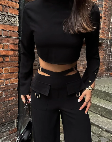 Solid Color Crossover Two-Piece Set With High Collar and Long Sleeves