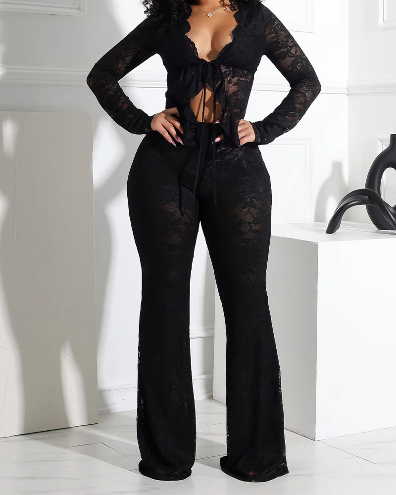 Long-Sleeved Lace Shirt Lace Pants Set