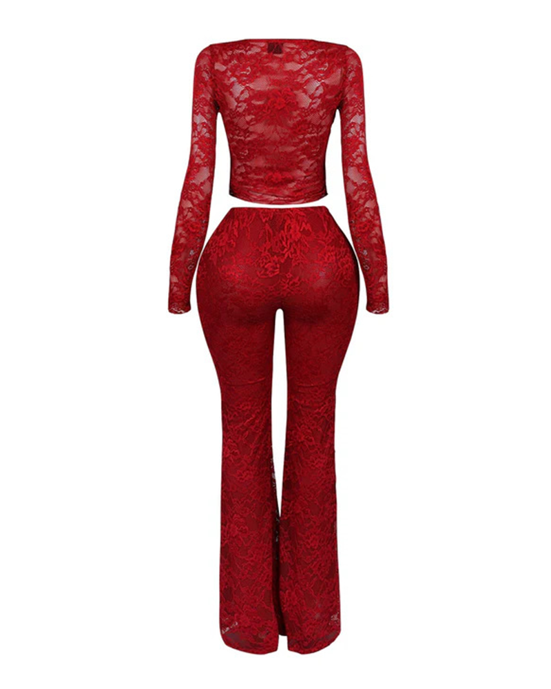 Long-Sleeved Lace Shirt Lace Pants Set