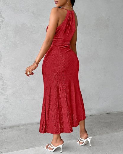 Halter Hollow-out A Line Sleeveless Front Slit Ruched Maxi Dress Vacation Dress