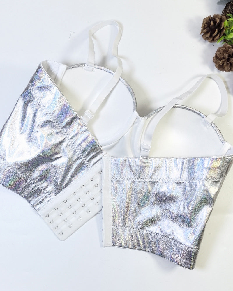 Fishbone Fluorescent Pu Leather Halter Top