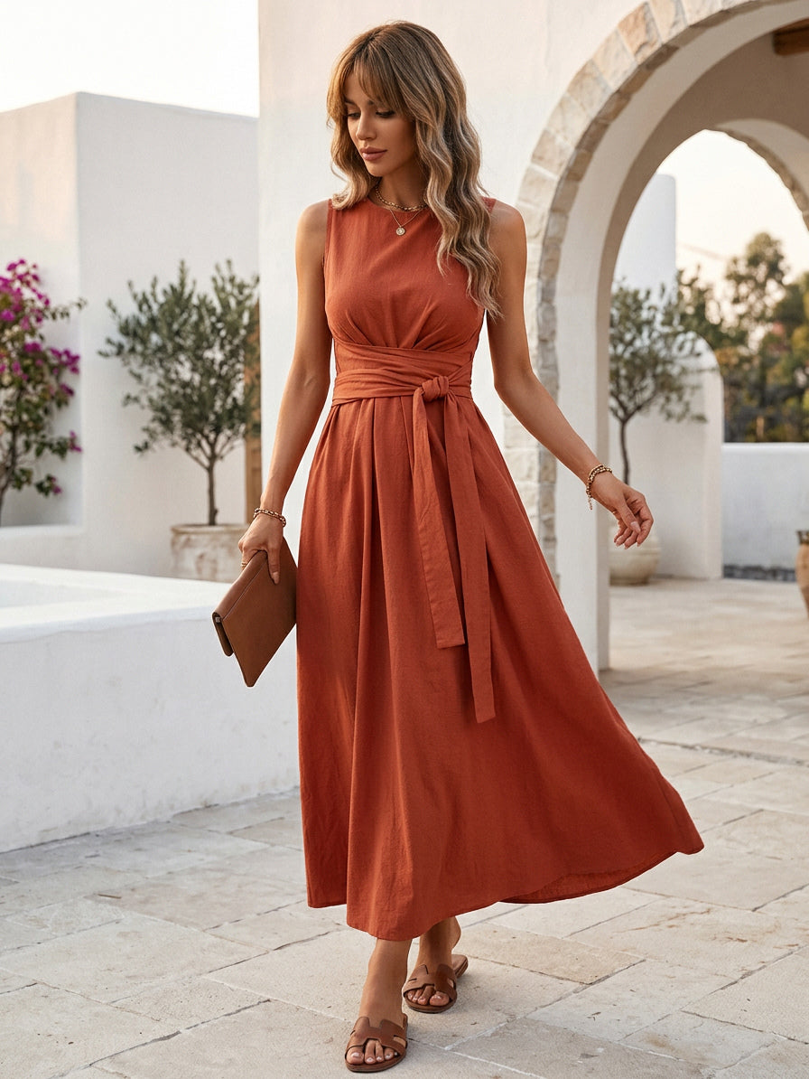 Sleeveless Tie Waist Maxi Dress For Women - Casual Solid Color A Line Sun Dress With Pockets - Summer Beach Vacation 2026
