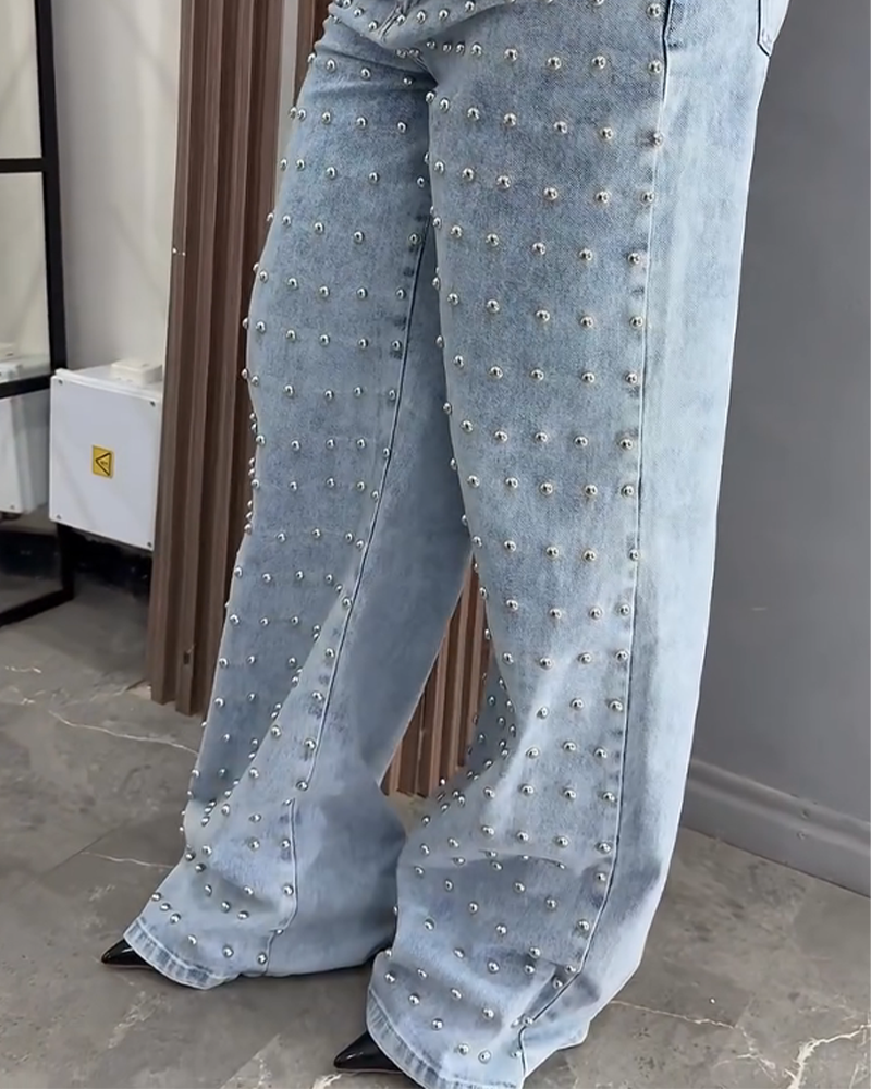Embellished Wide-Leg Loose-Fitting Jeans (Pre-sale)