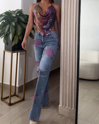High-Waist Straight-Leg Rose-Patterned Diamond Jeans (Pre-Sale)