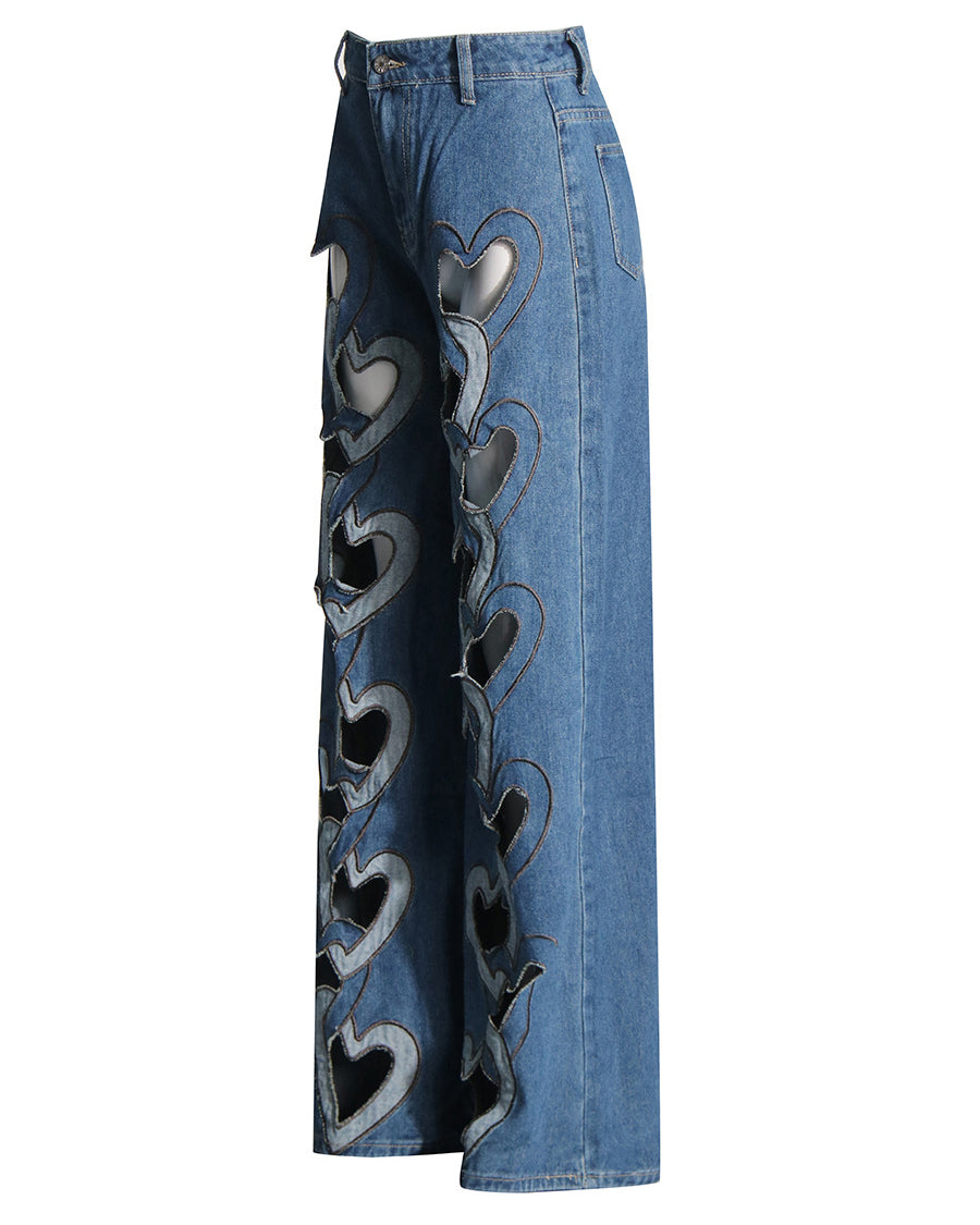 High Waisted Printed Cutout Wide Leg Jeans