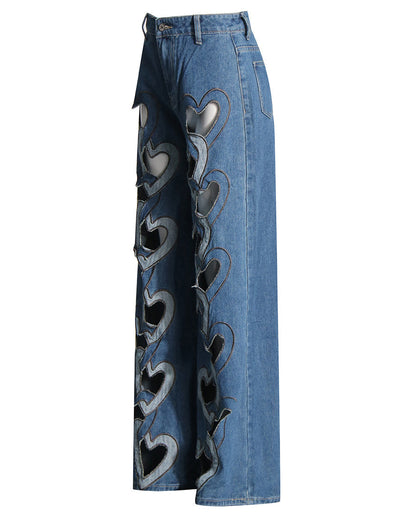 High Waisted Printed Cutout Wide Leg Jeans