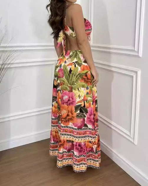 Floarl Print V Neck Lace Up Hollow Out Vaction Backless Maxi Dress