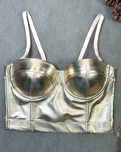 Fishbone Fluorescent Pu Leather Halter Top