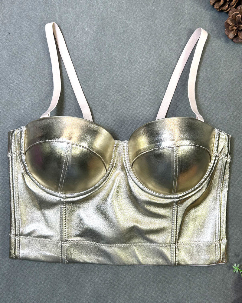 Fishbone Fluorescent Pu Leather Halter Top