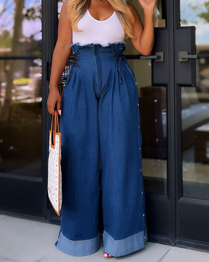 Casual High-Waisted Lace-Up Wide-Leg Pants