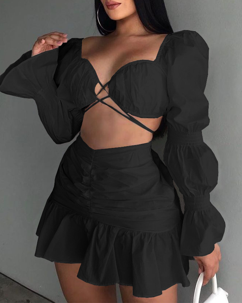 Balloon Sleeve Pleated Skirt Set