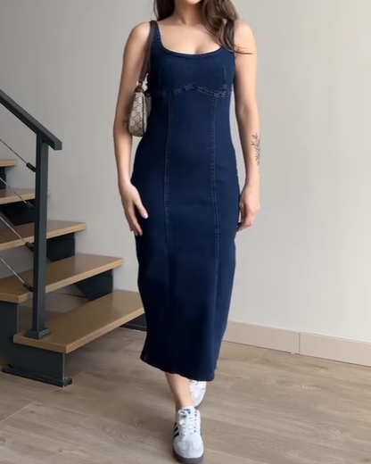 Long Denim Dress With Suspenders