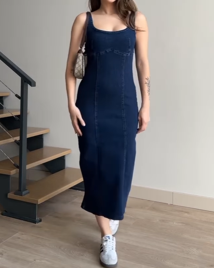 Long Denim Dress With Suspenders