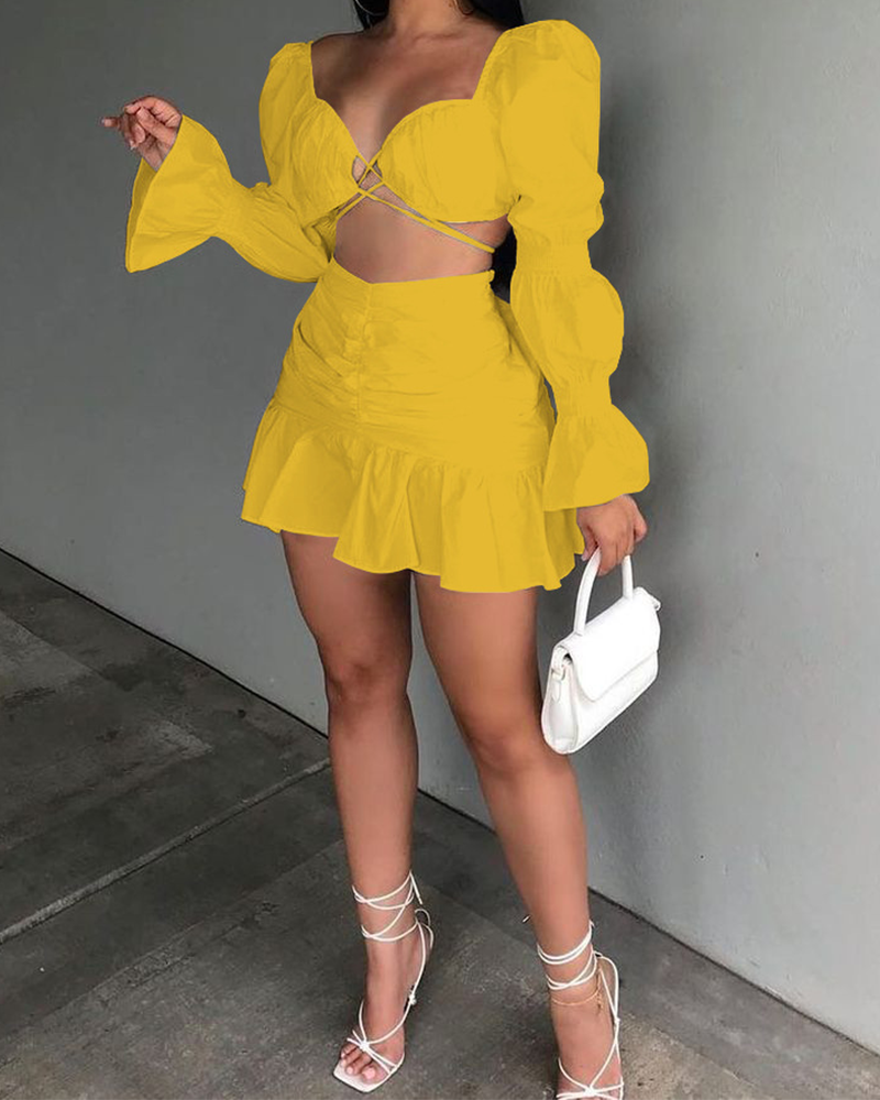 Balloon Sleeve Pleated Skirt Set