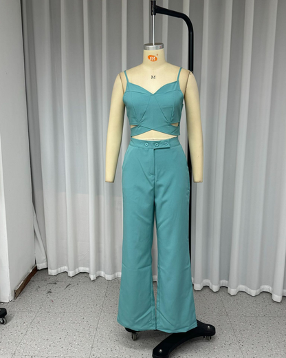Sleeveless Cross Solid Color Two Piece Suit
