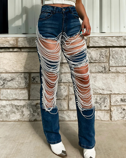 Bead Chain Pendant Ripped Jeans