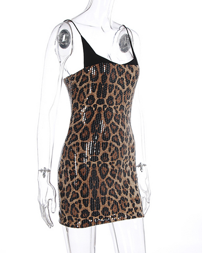 Leopard Print Sequin Wrap Dress