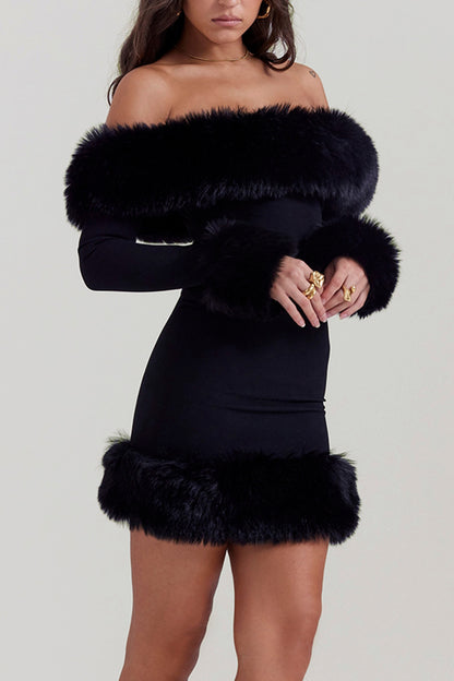 Paula Off Shoulder Fur Trim Mini Dress