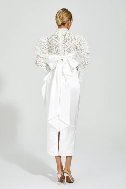 Kailey White Lace  Bubble Sleeve Midi Dress