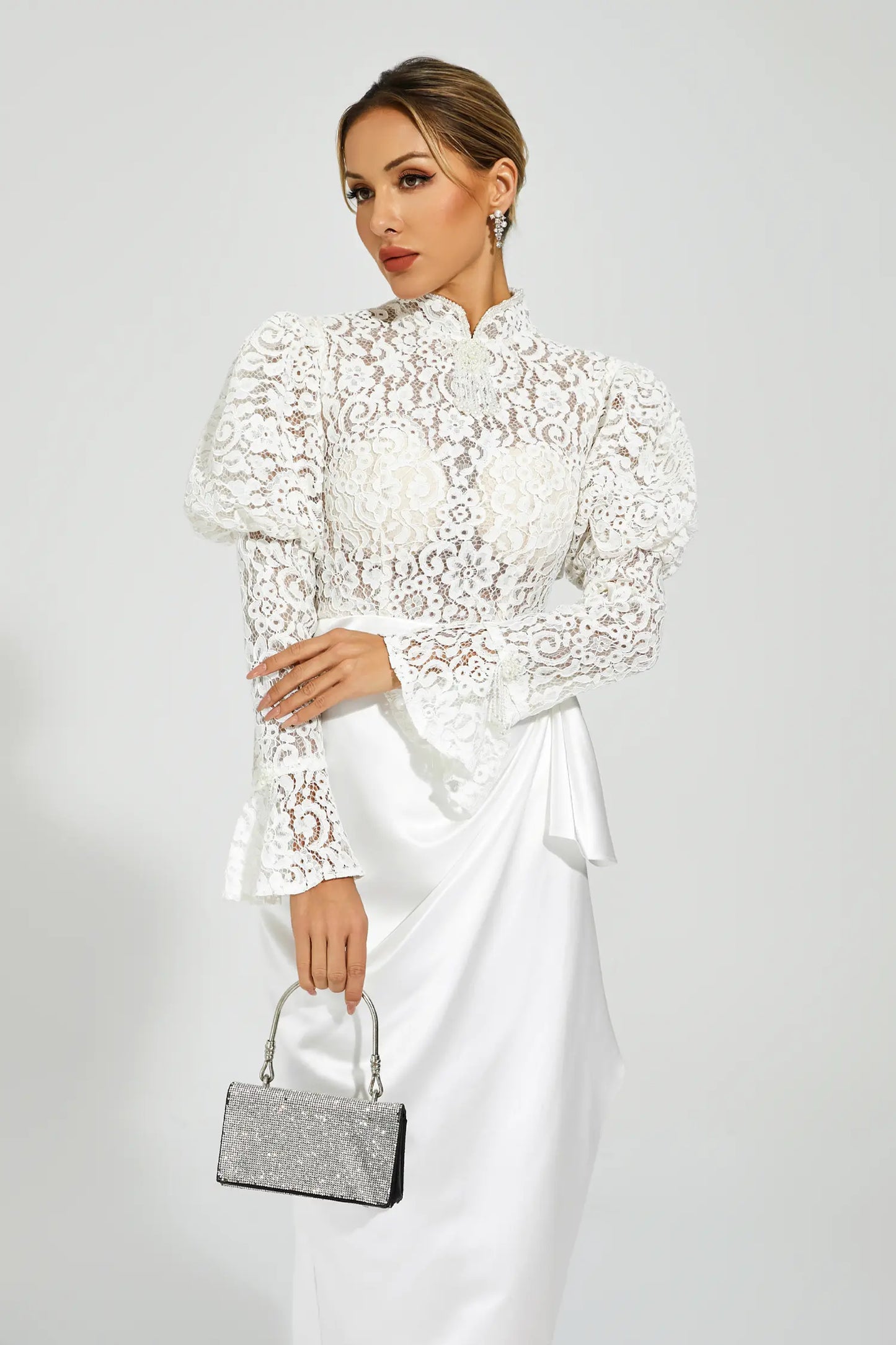 Kailey White Lace  Bubble Sleeve Midi Dress