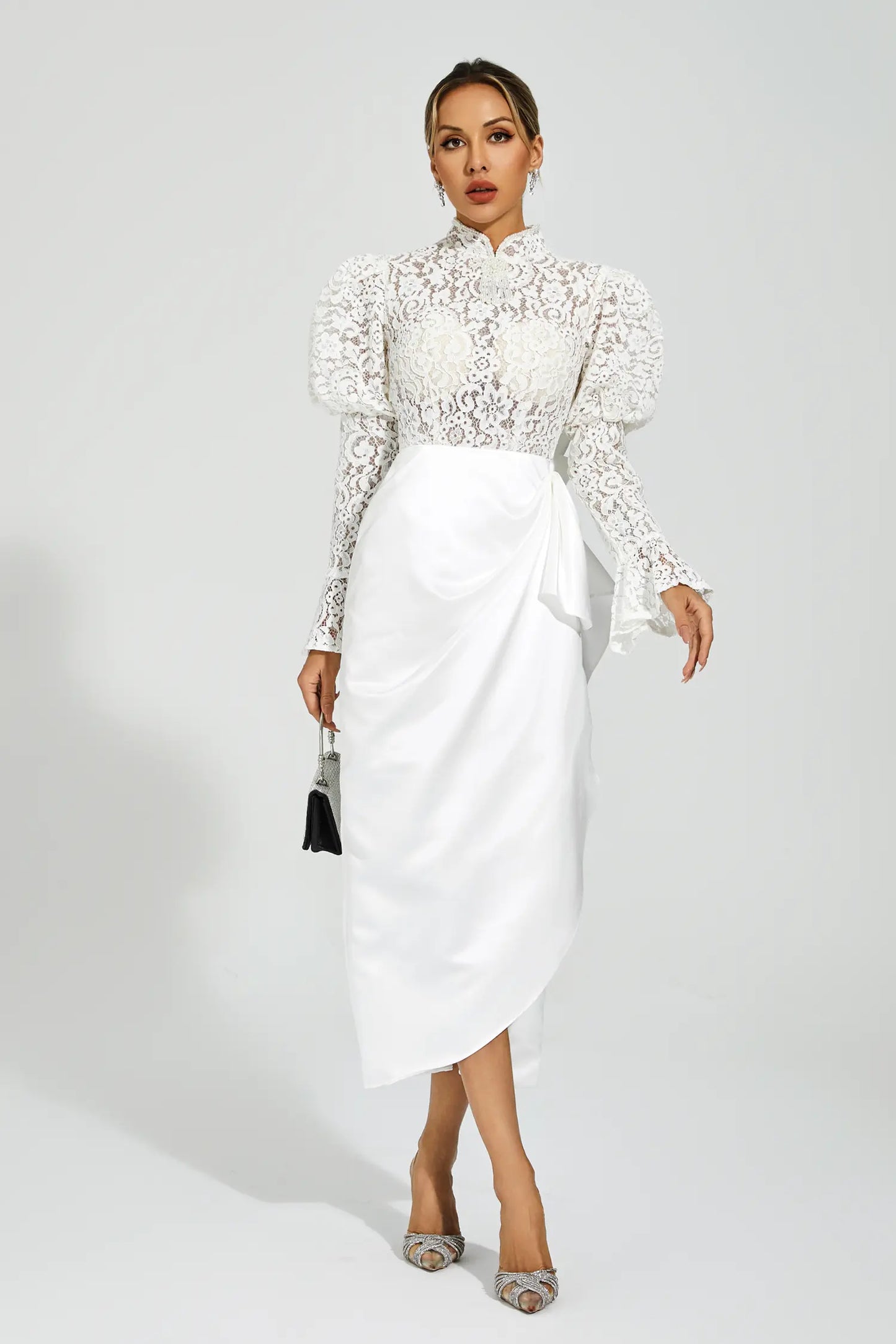 Kailey White Lace  Bubble Sleeve Midi Dress