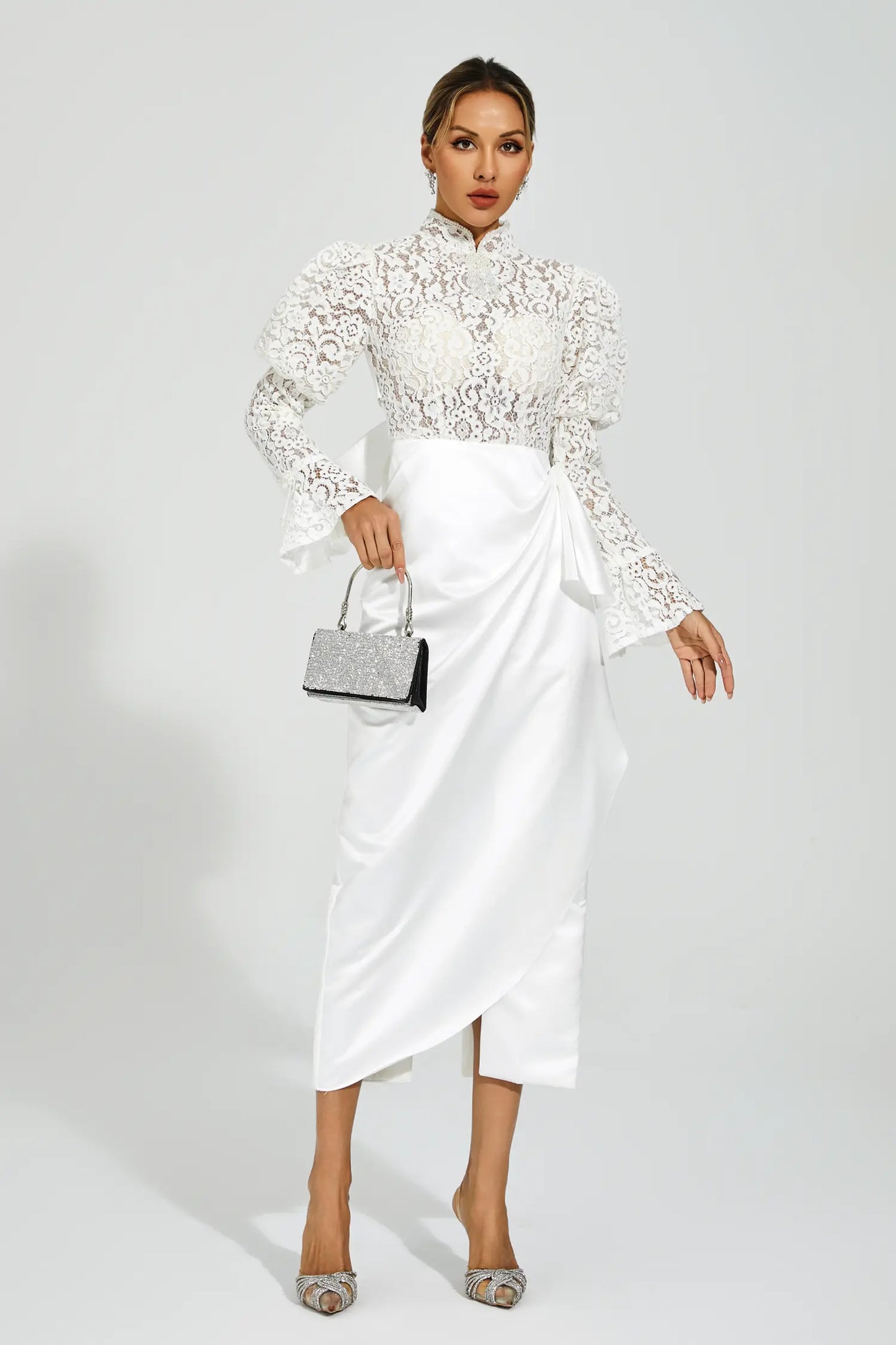 Kailey White Lace  Bubble Sleeve Midi Dress