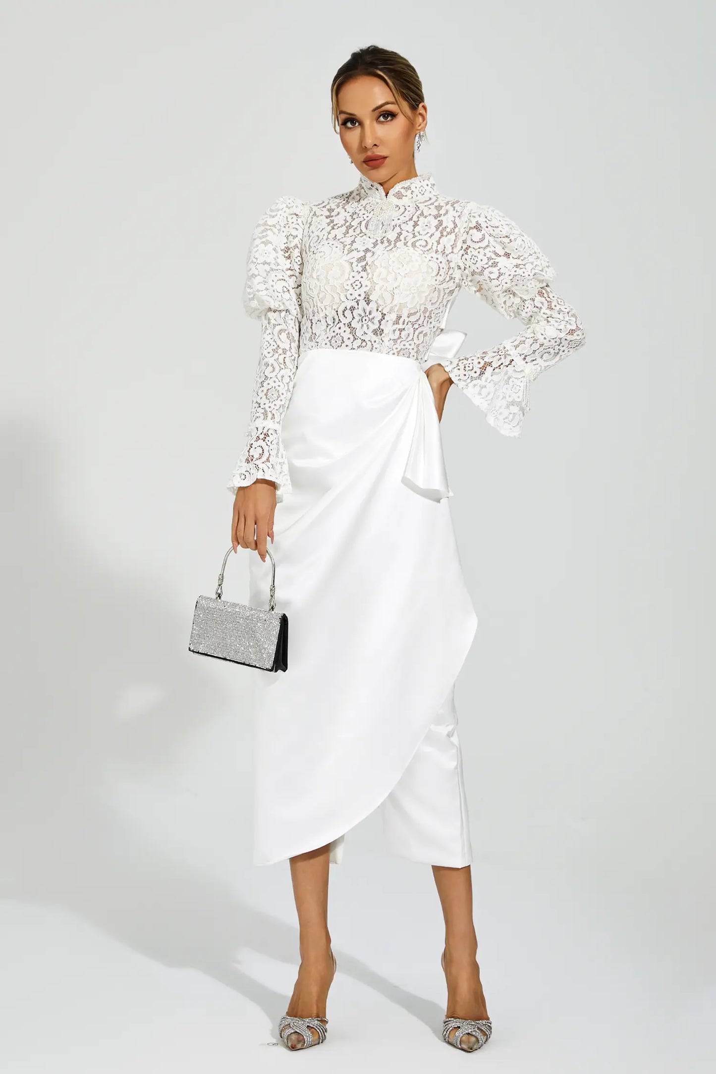 Kailey White Lace  Bubble Sleeve Midi Dress