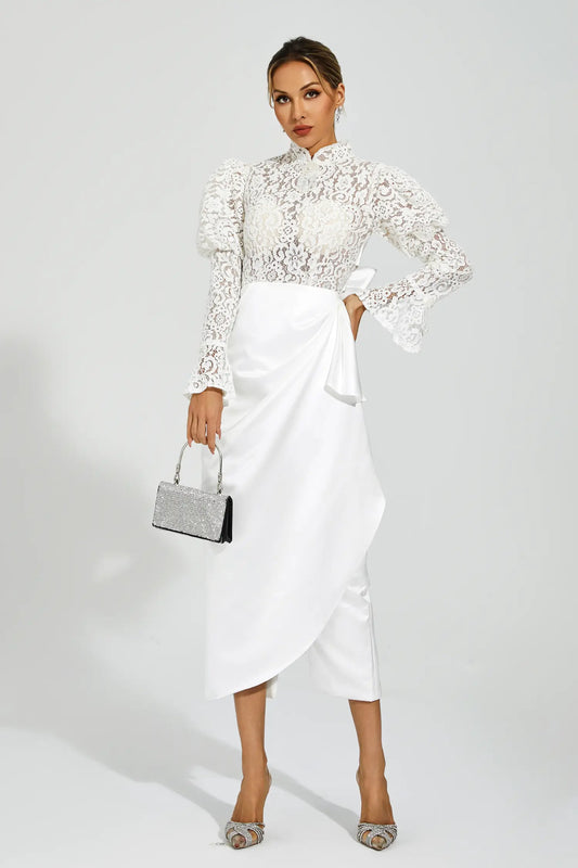 Kailey White Lace  Bubble Sleeve Midi Dress