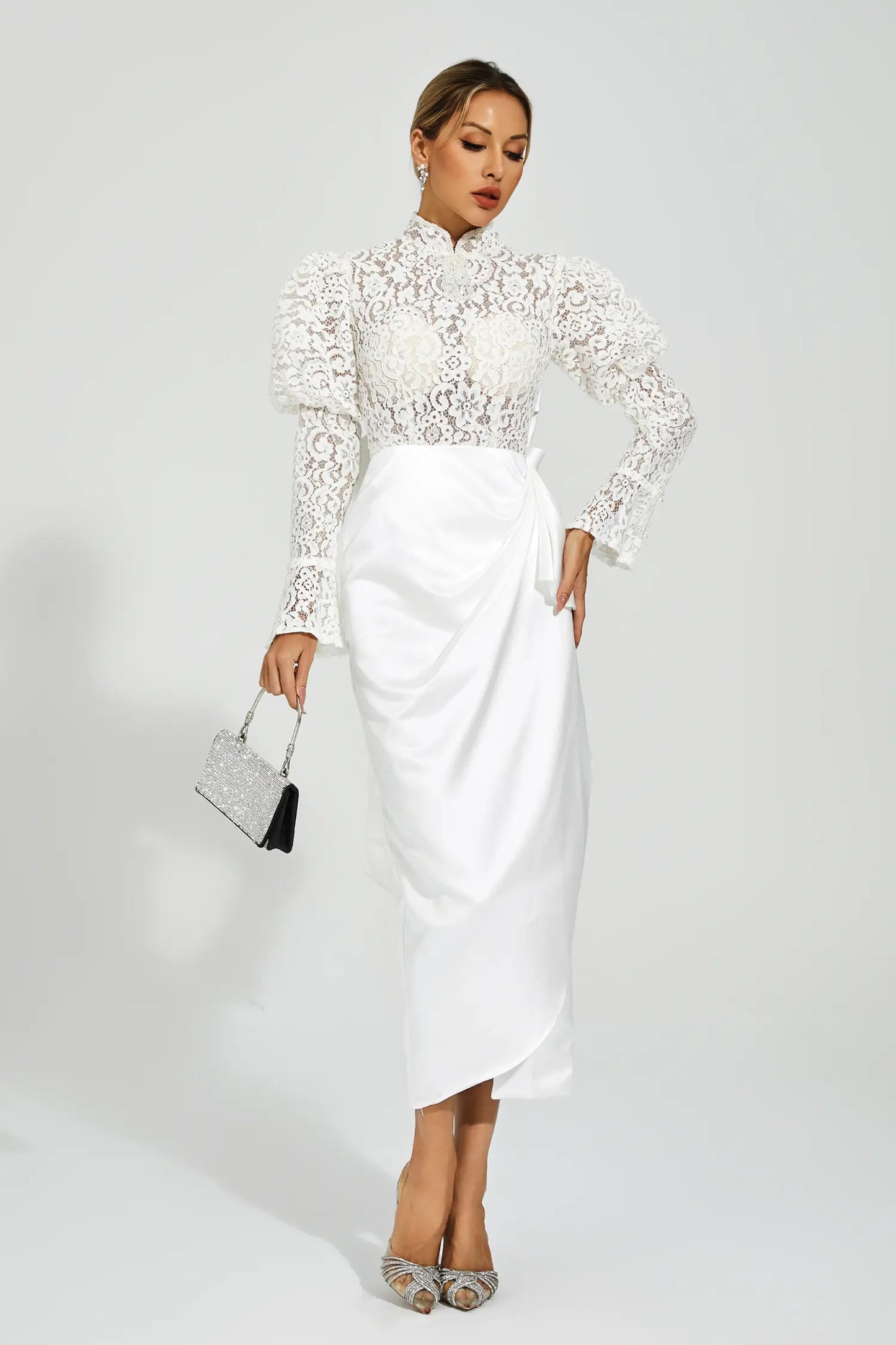 Kailey White Lace  Bubble Sleeve Midi Dress