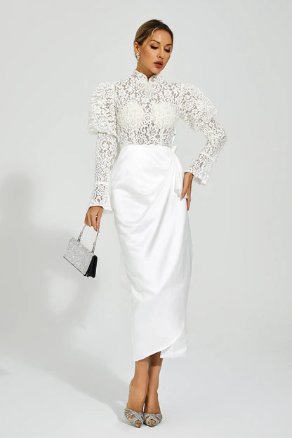 Kailey White Lace  Bubble Sleeve Midi Dress
