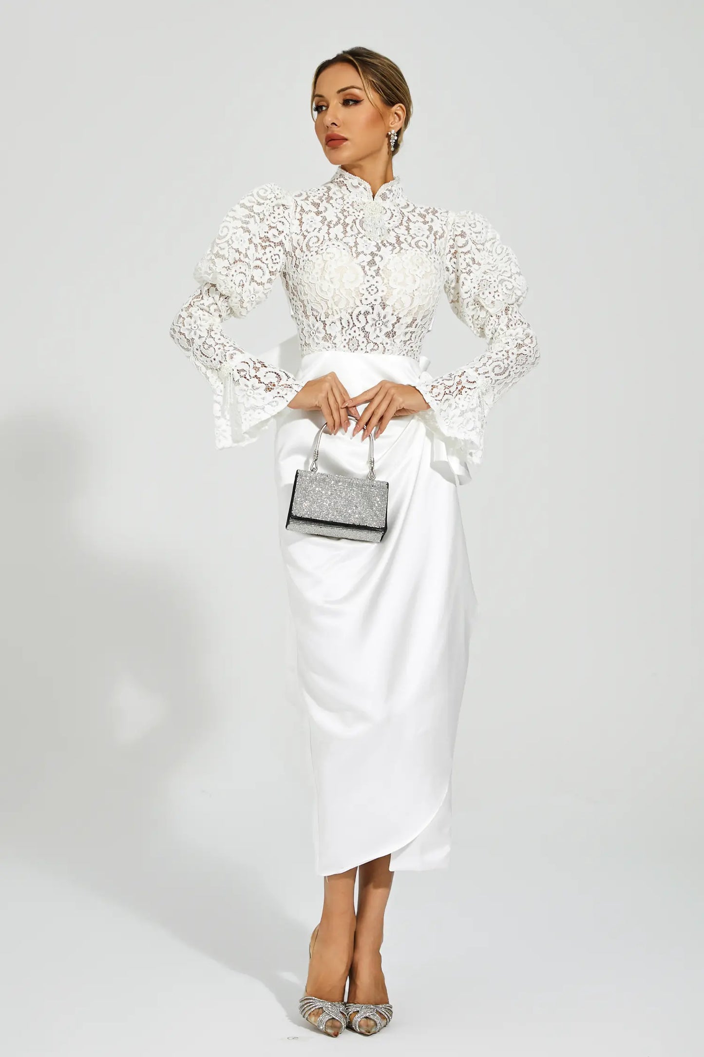 Kailey White Lace  Bubble Sleeve Midi Dress
