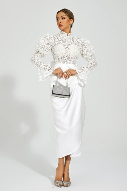 Kailey White Lace  Bubble Sleeve Midi Dress