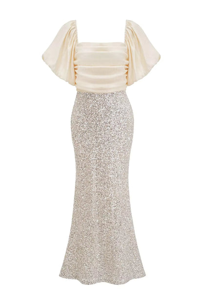 Linda Apricot Bow Sequins Maxi Dress