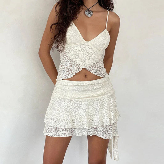 2 Piece Lace Sheer Outfits Flower Layered Crop Camis Tops + High Waist Irregular Hem Mini Skirt Party Club Night Matching Set