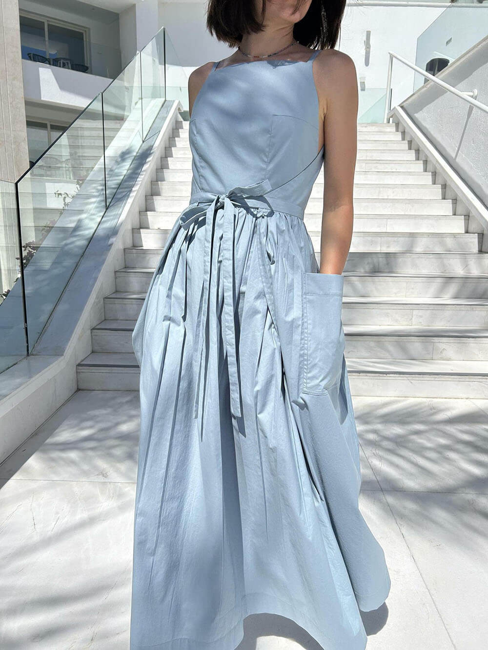Unique Side Slit Lace-Up Pocket Vest Dress