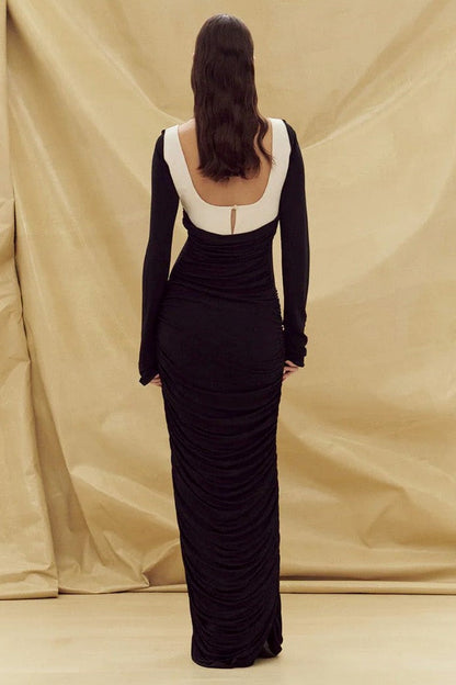 Long Sleeve Square Collar Ruched Knit Maxi Dress