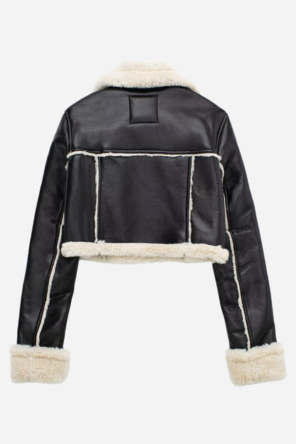 Lapel Cropped Faux Leather Jacket