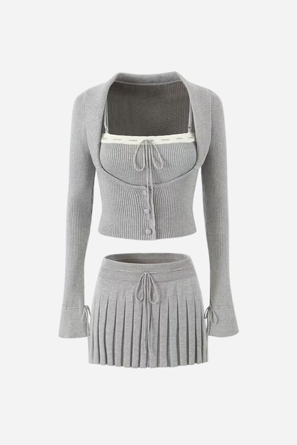 Bowknot Ribbed Three-piece Knitted Set