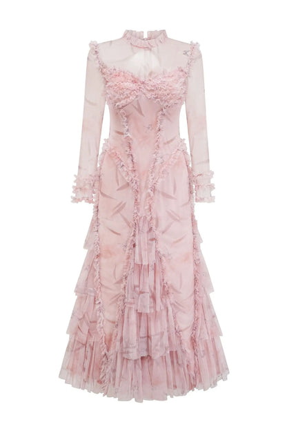 Southey Pink Mesh Ruched Maxi Dress